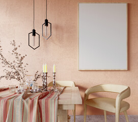 3d rendering,3d illustration, Interior Scene and  Mockup,Wooden furniture and light orange wall decorations.