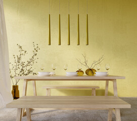 3d rendering,3d illustration, Interior Scene and  Mockup,yellow wall dining table.