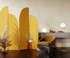 3d rendering,3d illustration, Interior Scene and  Mockup,Yellow partition wall, brown armchair.