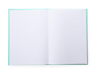 Open notebook with blank sheets isolated on white, top view