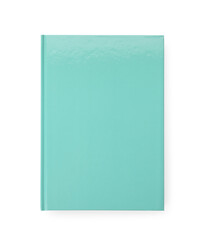 New turquoise planner isolated on white, top view