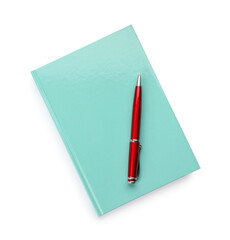 New turquoise planner with pen isolated on white, top view