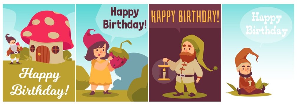 Birthday cards set with childish gnomes or dwarfs, flat vector illustration.