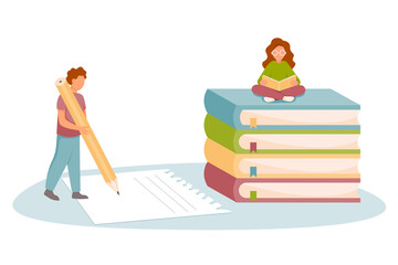 Girl sitting on Stack of books and reading. Man writing in pencil on paper. Concept of learning, education, knowledge, hobby. Vector illustration in flat style.