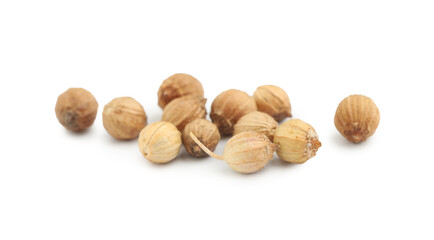 Scattered dried coriander seeds on white background, closeup