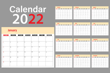 Calendar for the week 2022 beginning of Sunday is a corporate design planner template. Sunday is highlighted in red. Gray background. Vector illustration