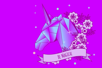 background with decorative crystal unicorn, flowers and inspirational quote on ribbon. feminine Vector design for girls