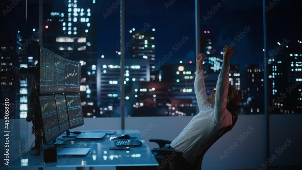 Poster stock market day trader working on computer with multi-monitor workstation with real-time investment