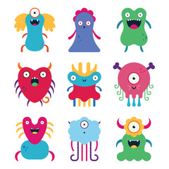 Cute cartoon monsters vector characters set isolated on a white background.