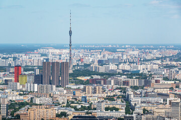 Moscow, Russia - June 5, 2021: Aerial panoramic view of Moscow city, residential buildings, skyscrapers and the Ostankino TV tower on a sunny summer day