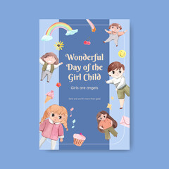 Naklejka premium Poster template with International Day of the Girl Child concept,watercolor style
