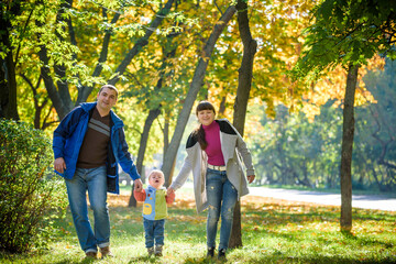 Obraz premium Beautiful young family on a walk in autumn forest on maple yellow trees background. Father and mother hold son on hands. Happy family leisure together concept