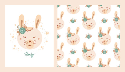 Set cute poster and seamless pattern with rabbit face and poster with lettering Baby. Collection with animal of flat style for children clothing, textiles, wallpapers. Vector Illustration