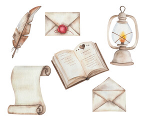 Watercolor illustration hand painted quill, feather as a pen, scrolled parchment, envelope with wax, oil lamp with fire, open book, isolated on white. Clip art design elements for postcards, business