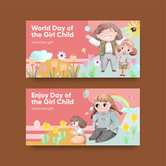 Twitter template with International Day of the Girl Child concept,watercolor style