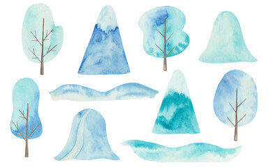 Watercolor illustration hand painted huge bank of snow drift, mountain, blue trees for Christmas, New Year isolated on white. Winter clip art elements for design postcard, packaging, fabric material