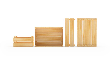 Set of empty wooden pallets or boxes isolated on white background. 3D illustration 
