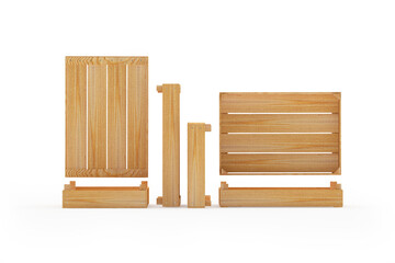 Set of empty wooden pallets or boxes isolated on white background. 3D illustration 