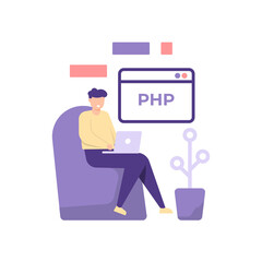 website developer, php programmer, web builder, web designer. illustration of a male employee staff making a program or coding using the php programming language on a laptop. flat cartoon style.