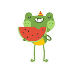 Funny frog with watermelon slice celebrating birthday vector cartoon character isolated on a white background.