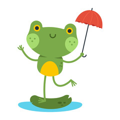 Cute frog with umbrella vector cartoon character isolated on a white background.