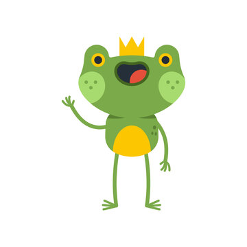 Funny frog with gold crown vector cartoon character isolated on a white background.