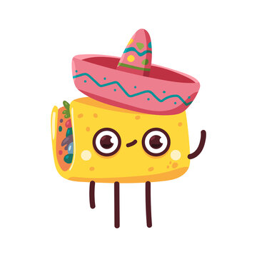 Cute taco in sombrero vector cartoon mexican food character isolated on a white background.