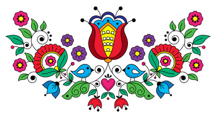 Scandianvian traditional folk art vector design with flowers, leaves, heart and bird, floral ornament inspired by traditional embroidery patterns from Sweden
