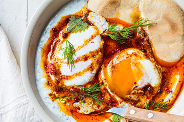 Turkish eggs cilbir in white bowl. Turkish cuisine concept. Poached eggs with yogurt and spicy...