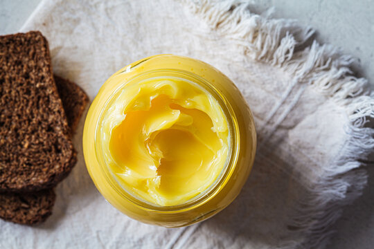 Ghee Butter In Glass Jar, Top View.