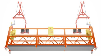 3D image, 3D rendering suspended platform with levers and wheels weighs on ropes on a white background