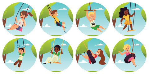 Set of banners or badges with kids on swing, flat vector illustration isolated.