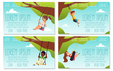 Set of web banners with happy kid swinging on swing, flat vector illustration.