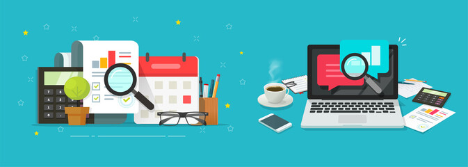 Audit research report with analysis inspection sales graphs or workplace table desk and digital online on laptop computer vector isometric and flat cartoon design illustration, review statistics idea