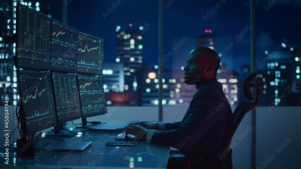 Poster stock market day trader working on computer with multi-monitor workstation with real-time investment