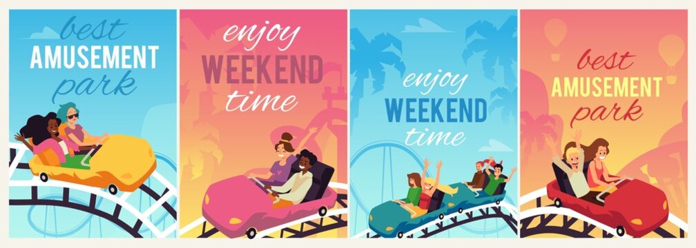 Banners or social media posters for amusement park, flat vector illustration.