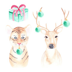 Fototapeta premium christmas deer, tiger, gifts