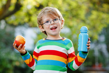 Happy little preschool boy with apple and drink bottle on his first day to elementary school or nursery. Smiling child, student with glasses, outdoors. Back to school education concept.