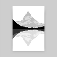 Mountain landscape art print. Monochrome poster of nature scene, minimal contemporary wall decor. Vector illustration