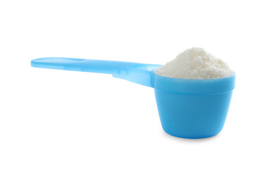 Scoop of powdered infant formula isolated on white. Baby milk