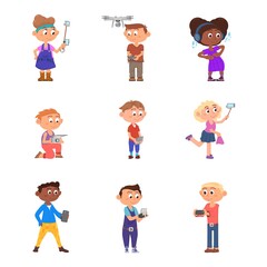 Kid playing computer. Young guy play video games, child doing mobile video. Cartoon isolated modern children with devices, technology decent vector set