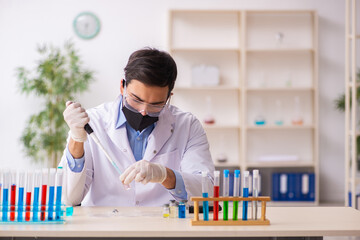 Young male chemist working at the lab during pandemic