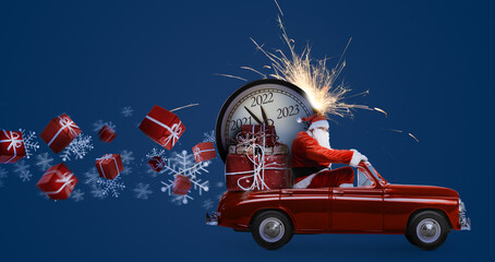 Christmas is coming. Santa Claus on toy car delivering New Year 2022 gifts and countdown clock at blue background with fireworks
