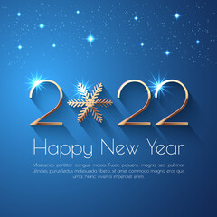 Happy New Year 2022 text design. Vector greeting illustration with golden numbers and snowflake - 458043947