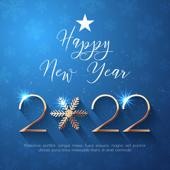 Happy New Year 2022 text design. Vector greeting illustration with golden numbers and snowflake - 458043956