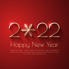 Fototapeta na wymiar Happy New Year 2022 text design. Red vector greeting illustration with golden numbers and snowflake
