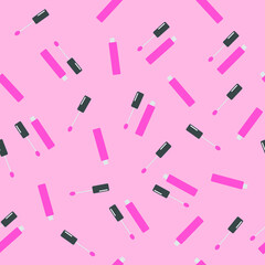 vector with cosmetics pattern. flat image with pattern with lipsticks and lip glosses on pink background