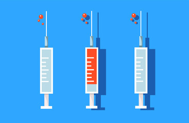 Set of three syringes for vaccine prevention illness. Blood test, insulin, veterinary medical equipment. Coronavirus prevention.