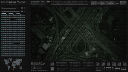 Futuristic HUD satellite view of traffic surveillance on a busy expressway junctions tracking and monitoring highway traffic for possible target vehicle