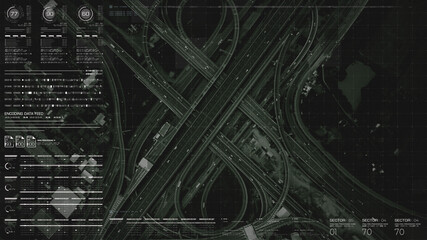 Futuristic HUD satellite view of traffic surveillance on a busy expressway junctions tracking and...